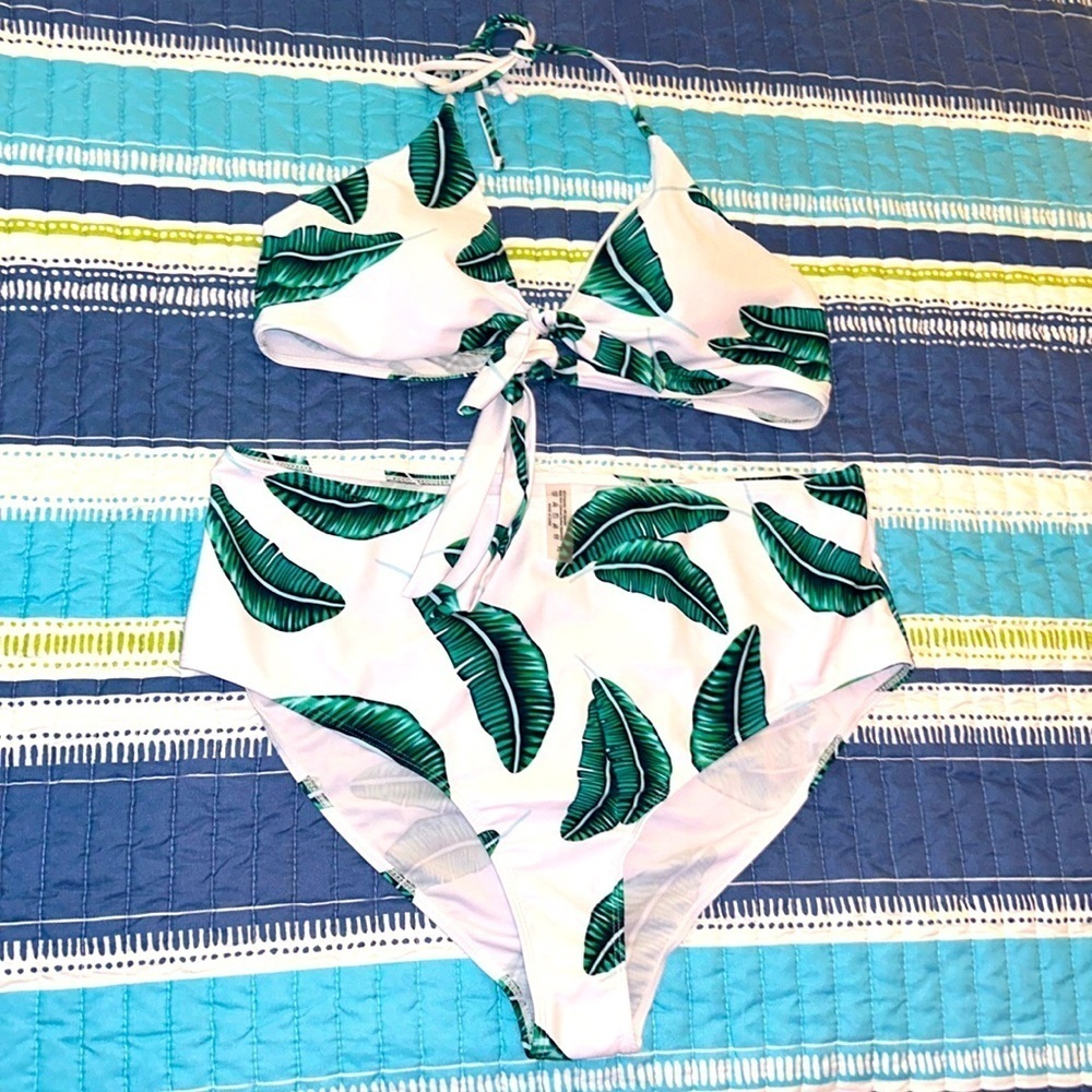 Swimsuit bikini and bottoms, white and green floral, size XL, By SHEIN. New!!!
